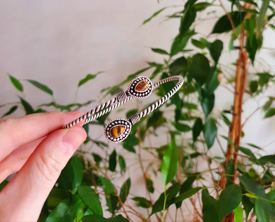 Silver Arm Bracelet Brass & Tiger Eye / Tribal / Spiral / Boho / Bangle/ Ethnic / Rustic / Bohemian / Hippie / Gypsy / Psy / Adjustable