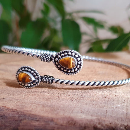 Silver Arm Bracelet Brass & Tiger Eye / Tribal / Spiral / Boho / Bangle/ Ethnic / Rustic / Bohemian / Hippie / Gypsy / Psy / Adjustable