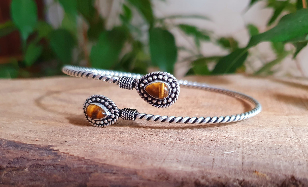 Silver Arm Bracelet Brass & Tiger Eye / Tribal / Spiral / Boho / Bangle/ Ethnic / Rustic / Bohemian / Hippie / Gypsy / Psy / Adjustable