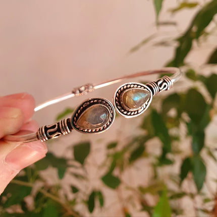 Bali Boho Silver Bracelet / Labradorite / Bangle / Ethnic / Rustic / Bohemian / Hippie / Gypsy / Psy / Adjustable