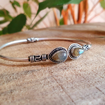 Bali Boho Silver Bracelet / Labradorite / Bangle / Ethnic / Rustic / Bohemian / Hippie / Gypsy / Psy / Adjustable