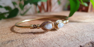 Bali Boho Brass Bracelet / Moonstone / Bangle / Ethnic / Rustic / Bohemian / Hippie / Gypsy / Psy / Adjustable
