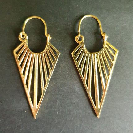 Geometric Tribal Triangle Aztec Style Brass Earrings; Ethnic, Geometric, rustic, yoga, hippie, gypsy, psy, boho, bohemian, Contemporary