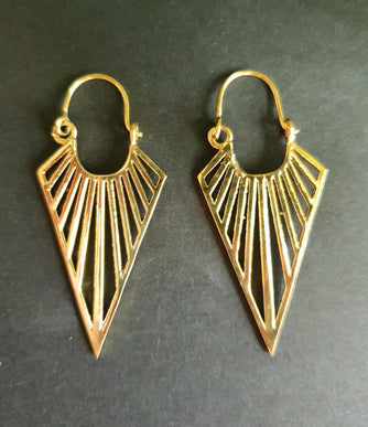 Geometric Tribal Triangle Aztec Style Brass Earrings; Ethnic, Geometric, rustic, yoga, hippie, gypsy, psy, boho, bohemian, Contemporary