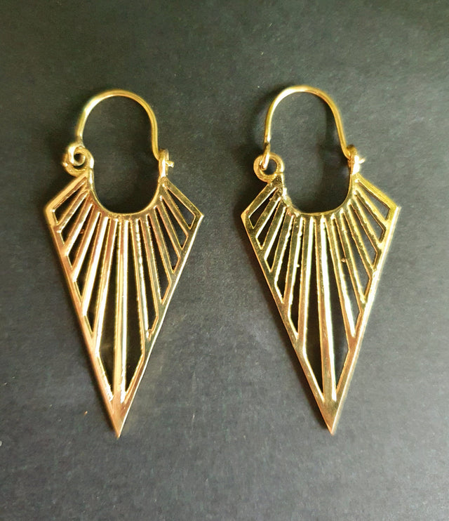 Geometric Tribal Triangle Aztec Style Brass Earrings; Ethnic, Geometric, rustic, yoga, hippie, gypsy, psy, boho, bohemian, Contemporary