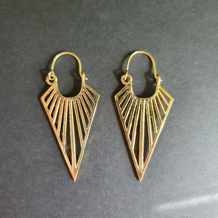 Geometric Tribal Triangle Aztec Style Brass Earrings; Ethnic, Geometric, rustic, yoga, hippie, gypsy, psy, boho, bohemian, Contemporary