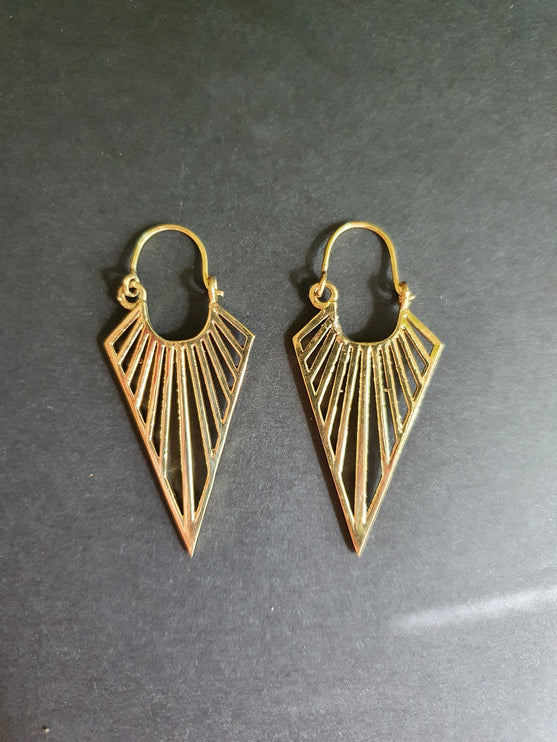 Geometric Tribal Triangle Aztec Style Brass Earrings; Ethnic, Geometric, rustic, yoga, hippie, gypsy, psy, boho, bohemian, Contemporary