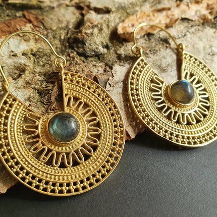 Labradorite & Brass Hoop Earrings Ethnic, rustic, yoga, hippie, gypsy, pretty, psy, boho, bohemian, festival