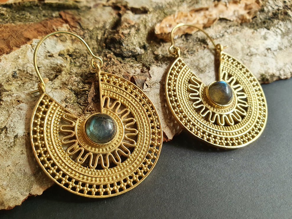 Labradorite & Brass Hoop Earrings Ethnic, rustic, yoga, hippie, gypsy, pretty, psy, boho, bohemian, festival