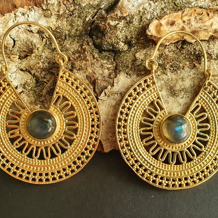 Labradorite & Brass Hoop Earrings Ethnic, rustic, yoga, hippie, gypsy, pretty, psy, boho, bohemian, festival