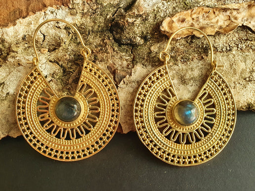 Labradorite & Brass Hoop Earrings Ethnic, rustic, yoga, hippie, gypsy, pretty, psy, boho, bohemian, festival