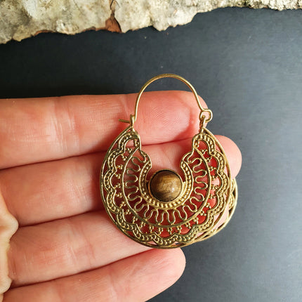 Tiger Eye & Brass Hoop Earrings Ethnic, rustic, yoga, hippie, gypsy, pretty, psy, boho, bohemian, festival