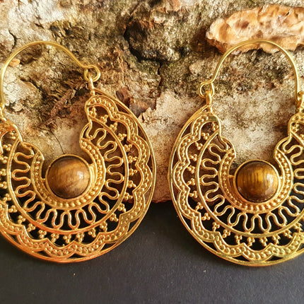 Tiger Eye & Brass Hoop Earrings Ethnic, rustic, yoga, hippie, gypsy, pretty, psy, boho, bohemian, festival