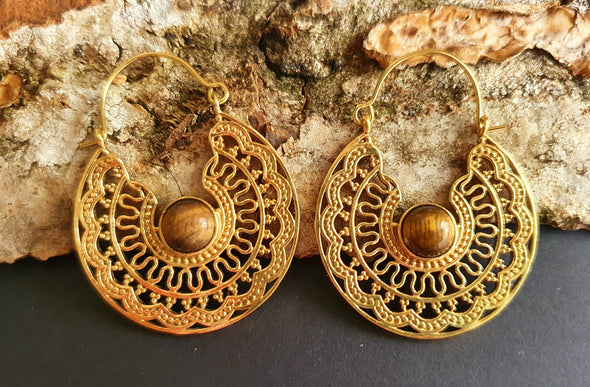 Tiger Eye & Brass Hoop Earrings Ethnic, rustic, yoga, hippie, gypsy, pretty, psy, boho, bohemian, festival