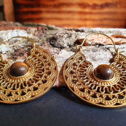Tiger Eye & Brass Hoop Earrings Ethnic, rustic, yoga, hippie, gypsy, pretty, psy, boho, bohemian, festival