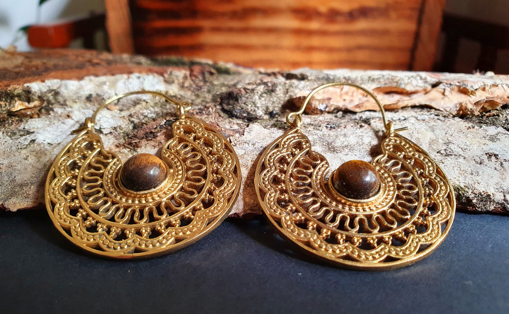 Tiger Eye & Brass Hoop Earrings Ethnic, rustic, yoga, hippie, gypsy, pretty, psy, boho, bohemian, festival