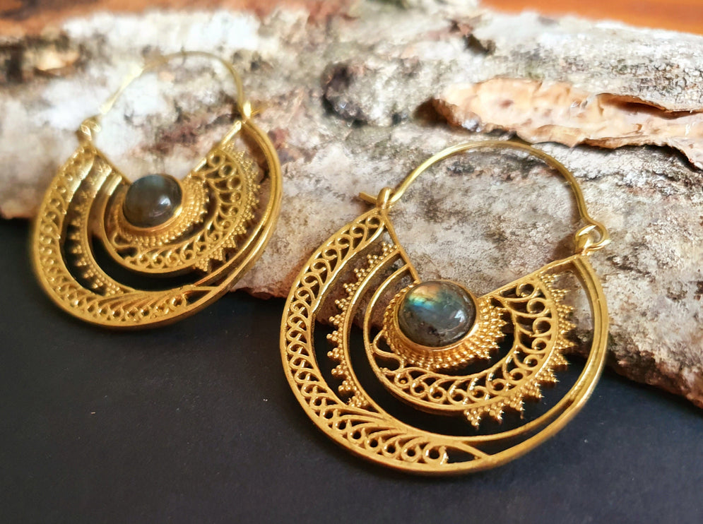 Labradorite & Brass Hoop Earrings Ethnic, rustic, yoga, hippie, gypsy, pretty, psy, boho, bohemian, festival