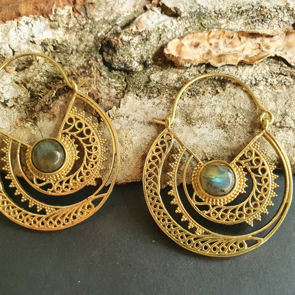 Labradorite & Brass Hoop Earrings Ethnic, rustic, yoga, hippie, gypsy, pretty, psy, boho, bohemian, festival