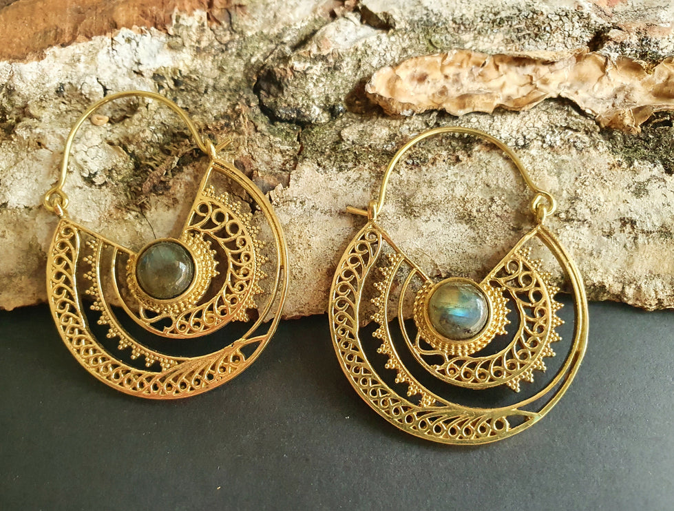 Labradorite & Brass Hoop Earrings Ethnic, rustic, yoga, hippie, gypsy, pretty, psy, boho, bohemian, festival