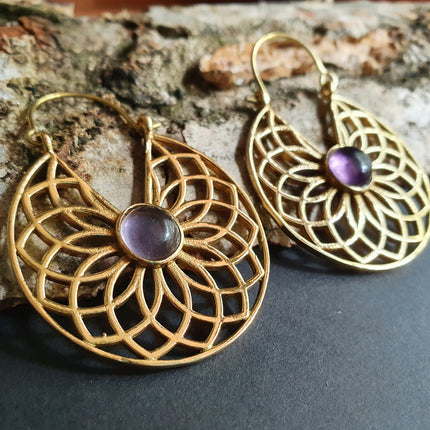 Amethyst & Brass Hoop Earrings Ethnic, rustic, yoga, hippie, gypsy, pretty, psy, boho, bohemian, festival