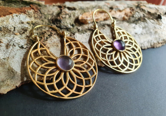 Amethyst & Brass Hoop Earrings Ethnic, rustic, yoga, hippie, gypsy, pretty, psy, boho, bohemian, festival