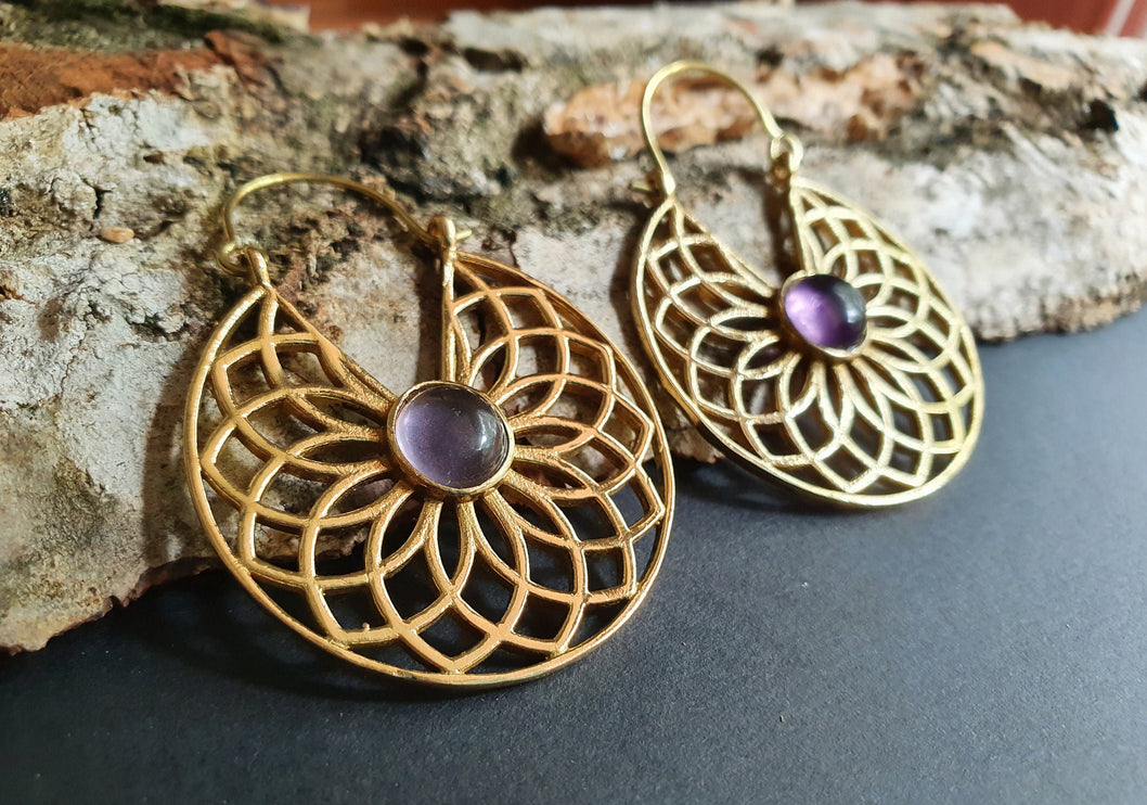 Amethyst & Brass Hoop Earrings Ethnic, rustic, yoga, hippie, gypsy, pretty, psy, boho, bohemian, festival