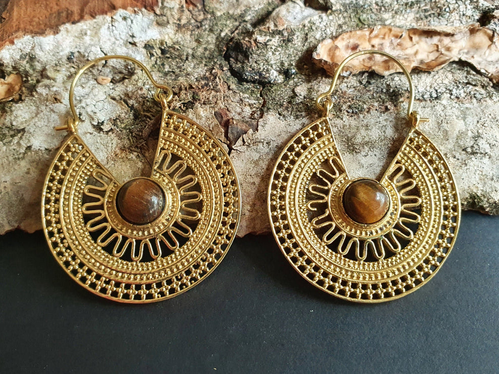 Tiger Eye & Brass Hoop Earrings Ethnic, rustic, yoga, hippie, gypsy, pretty, psy, boho, bohemian, festival