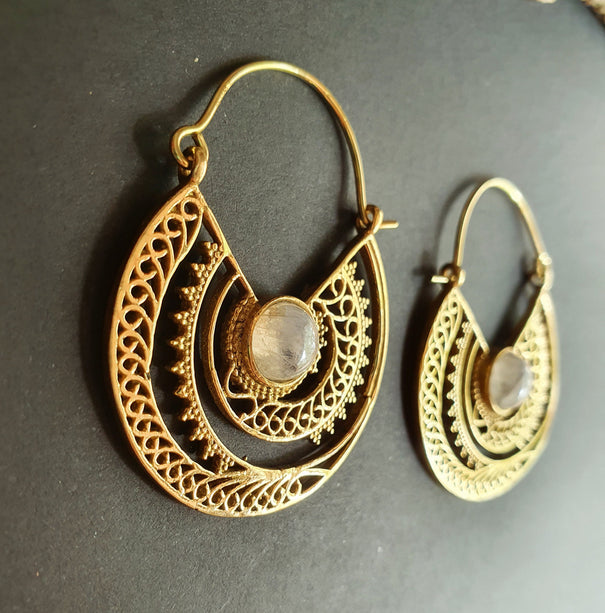 Moonstone & Brass Hoop Earrings Ethnic, rustic, yoga, hippie, gypsy, pretty, psy, boho, bohemian, festival