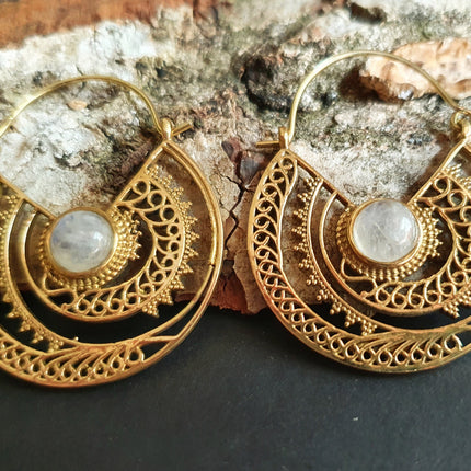 Moonstone & Brass Hoop Earrings Ethnic, rustic, yoga, hippie, gypsy, pretty, psy, boho, bohemian, festival