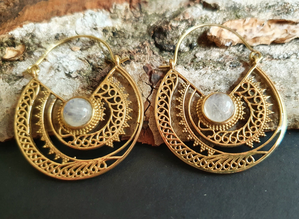 Moonstone & Brass Hoop Earrings Ethnic, rustic, yoga, hippie, gypsy, pretty, psy, boho, bohemian, festival