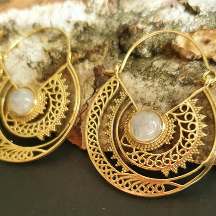 Moonstone & Brass Hoop Earrings Ethnic, rustic, yoga, hippie, gypsy, pretty, psy, boho, bohemian, festival