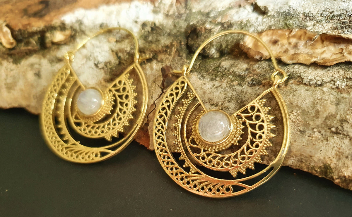 Moonstone & Brass Hoop Earrings Ethnic, rustic, yoga, hippie, gypsy, pretty, psy, boho, bohemian, festival