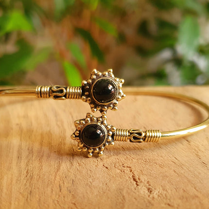 Fleur de Bali Bracelet / Onyx Noir / Laiton / Jonc /Boho / Bangle / Tribal / Hippie / Rustique / Ethnique / Bohème