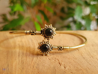 Bali Flower Brass Bracelet / Black Onyx / Bangle / Ethnic / Rustic / Bohemian / Hippie / Gypsy / Psy / Adjustable