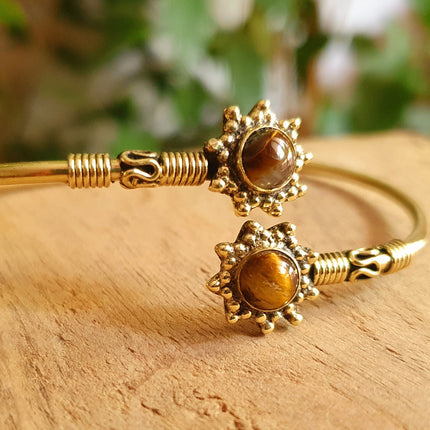 Bali Flower Brass Bracelet / Tiger Eye / Bangle / Ethnic / Rustic / Bohemian / Hippie / Gypsy / Psy / Adjustable