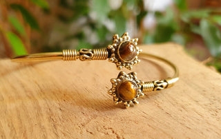 Tiger Eye Bali Flower Brass Bracelet , Boho Bangle Women's, Adjustable Brass Bangle