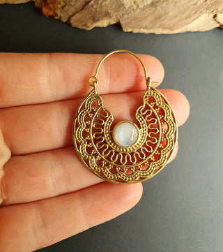 Moonstone & Brass Hoop Earrings Ethnic, rustic, yoga, hippie, gypsy, pretty, psy, boho, bohemian, festival