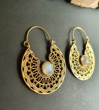 Moonstone & Brass Hoop Earrings Ethnic, rustic, yoga, hippie, gypsy, pretty, psy, boho, bohemian, festival