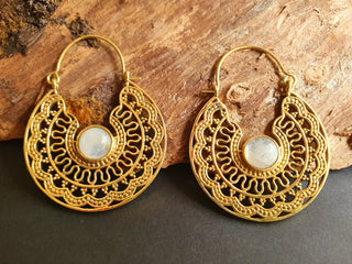Moonstone & Brass Hoop Earrings Ethnic, rustic, yoga, hippie, gypsy, pretty, psy, boho, bohemian, festival