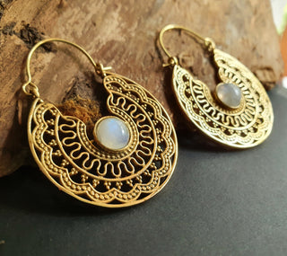 Moonstone & Brass Hoop Earrings Ethnic, rustic, yoga, hippie, gypsy, pretty, psy, boho, bohemian, festival