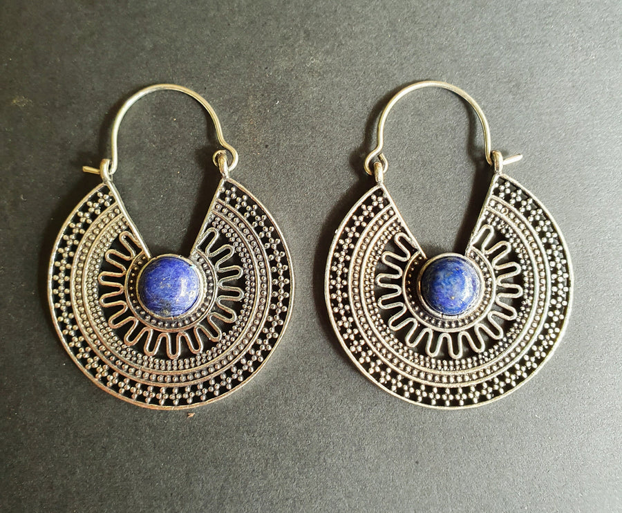 Lapis Lazuli & Silver Hoop Earrings Ethnic, rustic, yoga, hippie, gypsy, pretty, psy, boho, bohemian, festival