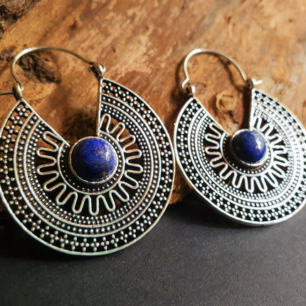 Lapis Lazuli & Silver Hoop Earrings Ethnic, rustic, yoga, hippie, gypsy, pretty, psy, boho, bohemian, festival