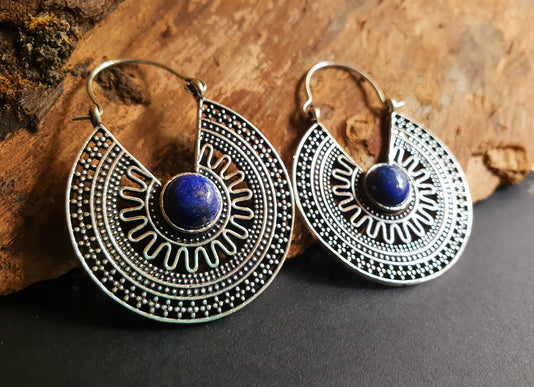 Lapis Lazuli & Silver Hoop Earrings Ethnic, rustic, yoga, hippie, gypsy, pretty, psy, boho, bohemian, festival