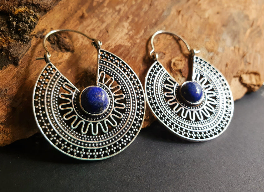 Lapis Lazuli & Silver Hoop Earrings Ethnic, rustic, yoga, hippie, gypsy, pretty, psy, boho, bohemian, festival