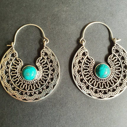 Turquoise Silver Hoop Earrings Ethnic, rustic, yoga, hippie, gypsy, pretty, psy, boho, bohemian, festival