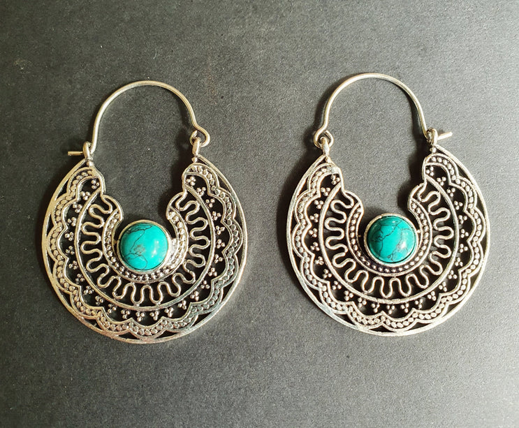 Turquoise Silver Hoop Earrings Ethnic, rustic, yoga, hippie, gypsy, pretty, psy, boho, bohemian, festival