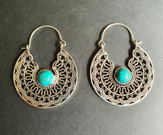 Turquoise Silver Hoop Earrings Ethnic, rustic, yoga, hippie, gypsy, pretty, psy, boho, bohemian, festival