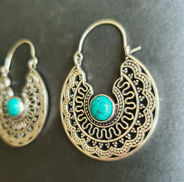 Turquoise Silver Hoop Earrings Ethnic, rustic, yoga, hippie, gypsy, pretty, psy, boho, bohemian, festival