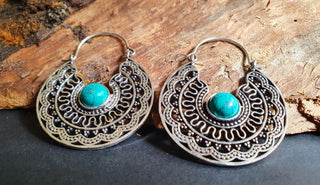 Turquoise Silver Hoop Earrings Ethnic, rustic, yoga, hippie, gypsy, pretty, psy, boho, bohemian, festival