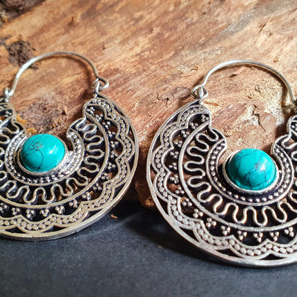Turquoise Silver Hoop Earrings Ethnic, rustic, yoga, hippie, gypsy, pretty, psy, boho, bohemian, festival